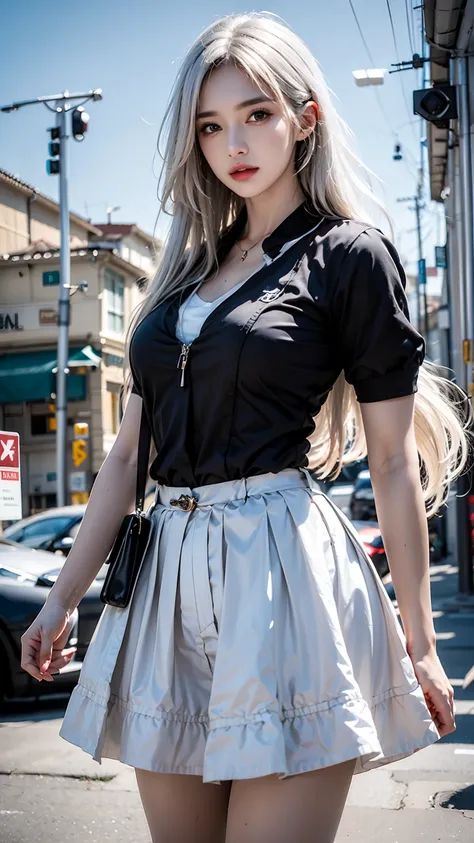 female,masterpiece, realistic, best quality, ultra detailed, cowboy_shot, long white hair, jewelery, street wear, colorful clothing