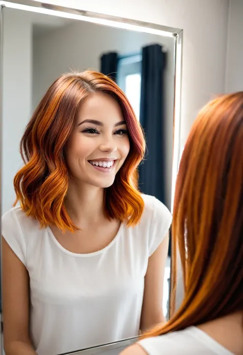 Capturing a happy and satisfied young woman, admiring her new hair color in a mirror.