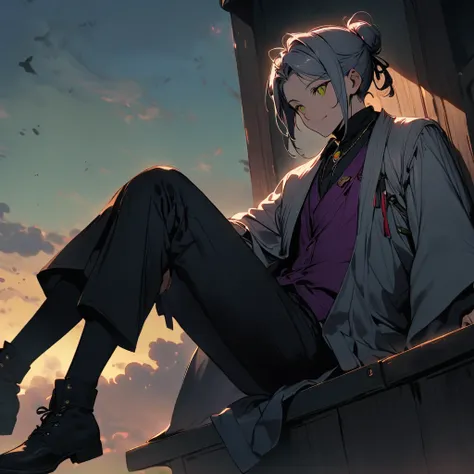 (well done:1old man, long gray hair tied in two buns green right eye, yellow left eye, purple shirt, white coat, black pants, black boots.   sitting on a bench with a katana on his lap