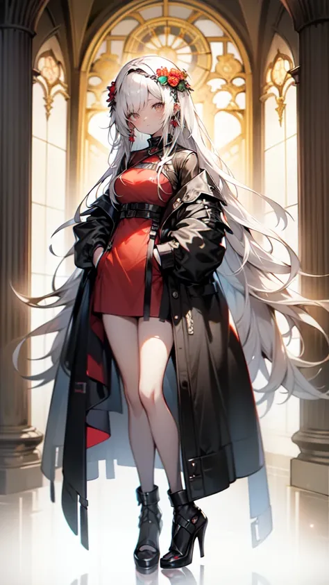 1 woman in a red dress and black heels standing in front of a wreath of red roses, hand in pocket, white hair deity, High quality anime image of a cute girl., anime girl with long hair, perfect white hair anime girl, anime girl gothic maiden, high quality ...