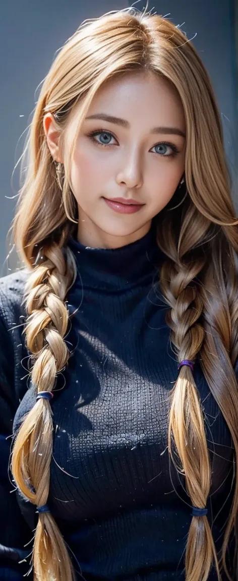 25-year-old caucasian female、dark blonde、blue eyes、long hair、hair set、her hair is loosely braided、it&#39;s about shoulder-length...