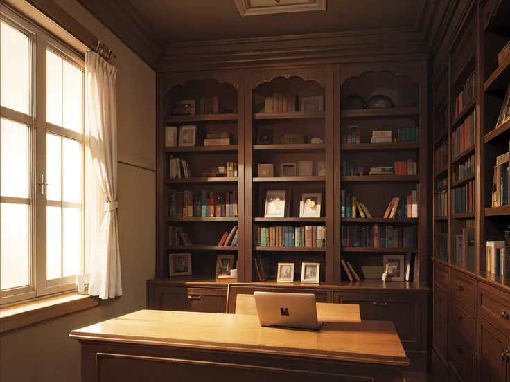 A narrow and dark study、A wall completely covered with bookshelves、desk with a computer、No people