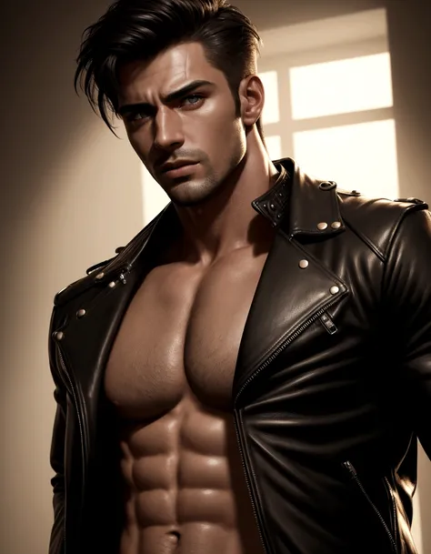 a handsome man with a big chest in a leather jacket, extremely detailed facial features, sharp focus, highly detailed skin, shirtless, dramatic chiaroscuro lighting, realistic hyper-detailed portrait, photorealistic, cinematic lighting, high contrast, vivi...