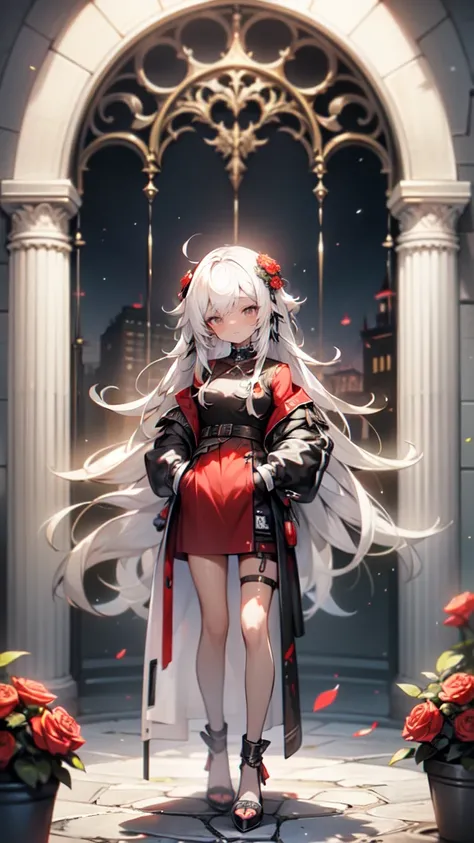 1 woman in a red dress and black heels standing in front of a wreath of red roses, hand in pocket, white hair deity, High quality anime image of a cute girl., anime girl with long hair, perfect white hair anime girl, anime girl gothic maiden, high quality ...