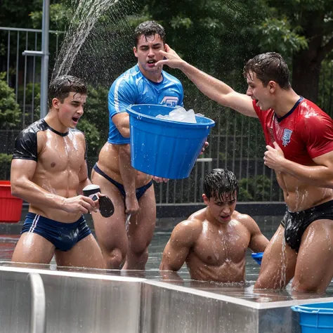 two buff surprised soaking wet twenty year old frat bros with soaked hair wearing soaked hockey uniforms. several hockey players in briefs pour buckets of water over them. 