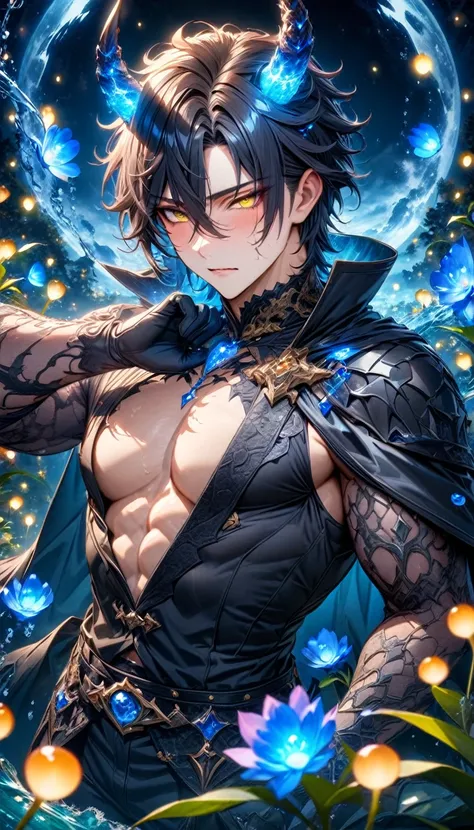 absurdres, highres, ultra detailed, HDR, master piece, Yuden, spiked black hair with bangs, hair between the eyes, expressive yellow eyes, black vest, Demon Fantasy, sexy man, handsome, best quality, blue moon, flowers, fantasy, magical, solo, black coat, ...