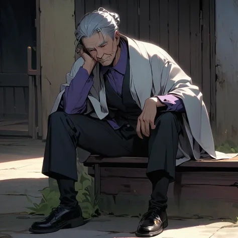 (well done:1old man, long gray hair tied in two buns green right eye, yellow left eye, purple shirt, white coat, black pants, black boots.   sitting on a bench with a katana on his lap