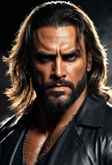 macho man with grey eyes, tall, handsome, olive skin, short beard, long medium hair, black outfit, (best quality,4k,8k,highres,masterpiece:1.2),ultra-detailed,(realistic,photorealistic,photo-realistic:1.37),chiaroscuro lighting, dramatic lighting, cinemati...