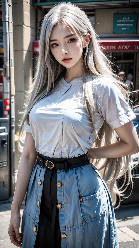 female,masterpiece, realistic, best quality, ultra detailed, cowboy_shot, long white hair, jewelery, street wear, colorful clothing