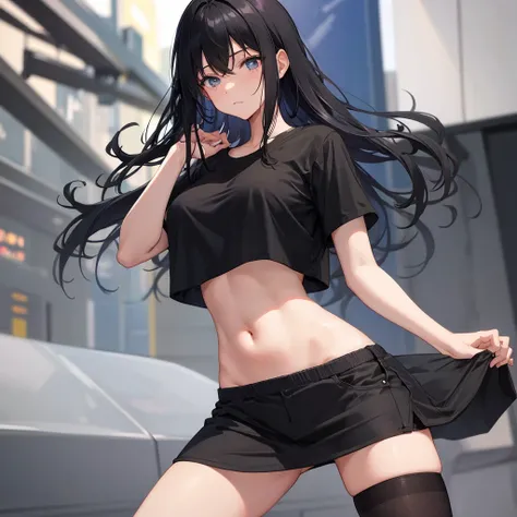 A tired girl is standing straight,, black hair, wearing dark blur t-shirt and tight army lower, full view, sexy