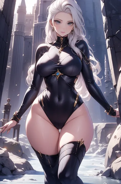 female, solo, young, sexy body, voluptuous figure, tightsuit, white hair, decolored blonde hair, ice effects around, ice queen, beautifull face, long hair, defined body, yellow and bright eyes, thick legs, strong legs, tall, Voluptuous legs, huge ass, big ...