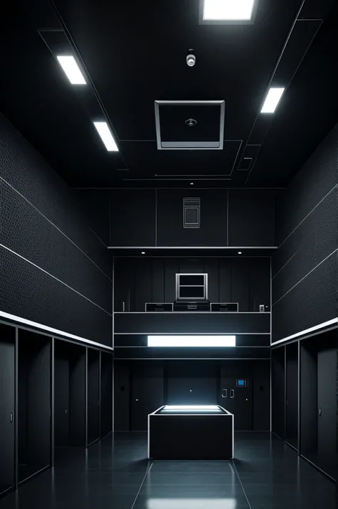 Rectangular room 15 meters long, 8 meters wide and 3 meters high, black with controls and a submarine sonar screen 