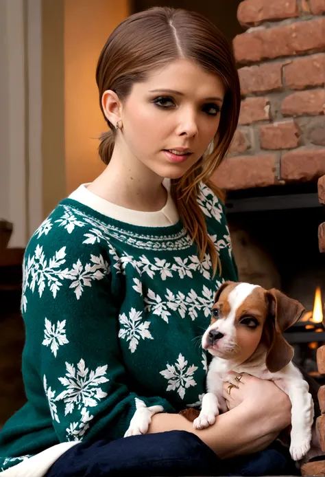 a beautiful young woman (Kate Mara, age 25), wearing an oversized frumpy sweater, her intimate areas partially exposed, sitting cross-legged by an old-fashioned fireplace with a roaring fire, playing with and petting a cute puppy, Christmas scene

(best qu...