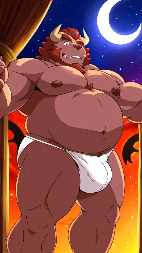 chernobog, big belly, chubby, masculine focus, stomach, underwear, bulge, big balls, nipples, full body dancing, crescent moon