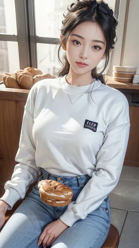 (8K, RAW photos, best quality, masterpiece:1.2), (realistic, photo-realistic:1.3)、((1 woman)), 20 year old Japanese woman with a beautiful face.、hair is gray、Eye color is dark blue, smile, high definition face, Curly short hair, (((sit on the bakery table ...