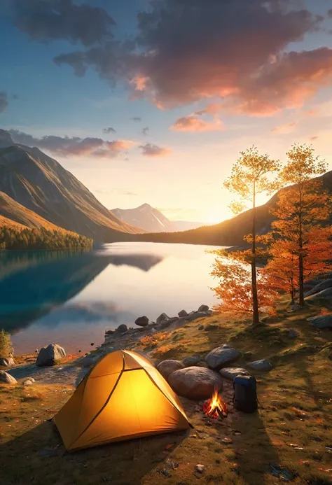 A serene outdoor camping scene, minimalist journey, detailed landscape, dramatic sky, golden hour lighting, detailed tent, campfire, hiking backpack, mountain silhouettes, tranquil lake, fallen leaves, cinematic composition, vivid colors, (best quality,4k,...