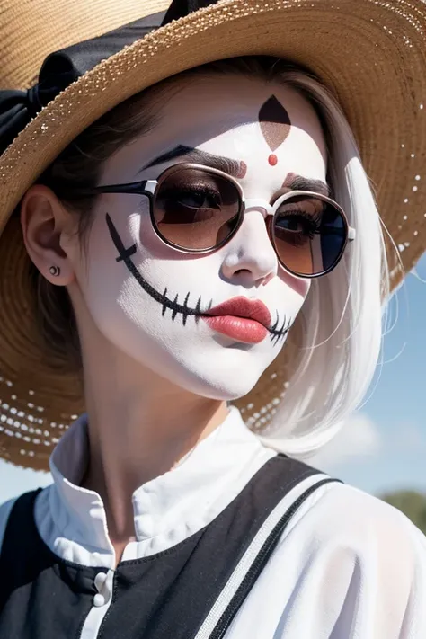 profile head, face painted white on the occasion of the day of the dead in Mexico, with round sunglasses, large jaw and chin, prominent lips 