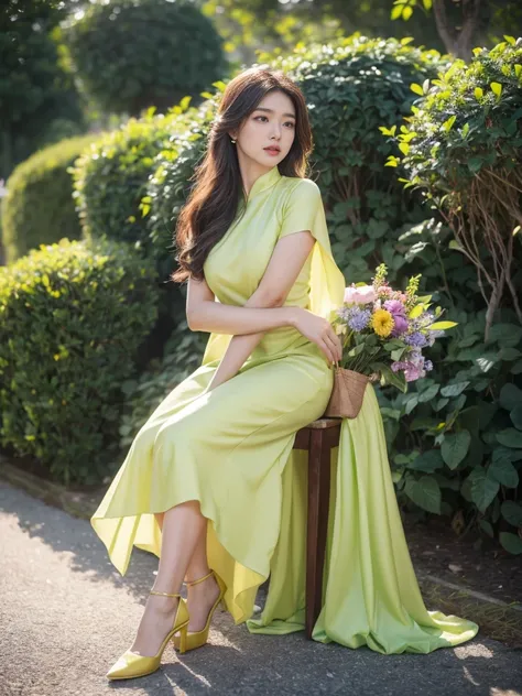 A beautiful Vietnamese model, beautiful detailed eyes, beautiful detailed lips, extremely detailed eyes and face, long eyelashes, elegant pose, green and yellow bold dress, modern style garden, full of flowers, full body shot, professional full body photog...