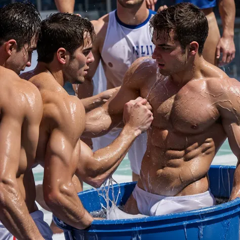 buff soaking wet twenty year old frat bros with soaked hair wearing soaked hockey uniforms. several hockey players in briefs pour buckets of water over them. Wet beifs. Sensual. Kissing. Homosexual