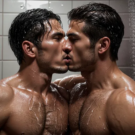 a passionate kiss between two soaking wet young  men in the shower, wearing wet clothes. detailed realistic facial features, water droplets, hyper detailed photorealistic cinematic composition, sensual high contrast 8k, muscular bodies, wet clothes