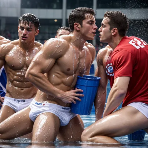 buff soaking wet twenty year old frat bros with soaked hair wearing soaked hockey uniforms. several hockey players in briefs pour buckets of water over them. Wet beifs. Sensual. Kissing. Homosexual