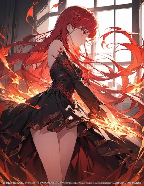 masterpiece　Detailed description　A woman with very long red hair　Very intense flames all over　Spell　