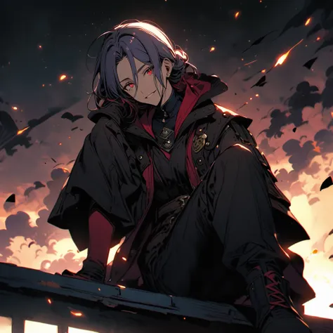 (well done:1old man, long gray hair tied in two buns green right eye, yellow left eye, purple shirt, white coat, black pants, black boots.   sitting on a bench with a katana on his lap