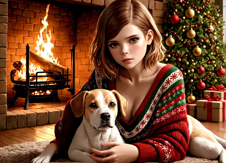 a beautiful young woman (Kate Mara, age 25), wearing an oversized frumpy Christmas sweater (shoulders exposed, deeply plunging neckline) , nude except for sweater, her intimate areas partially exposed and very detailed, sitting cross-legged by an old-fashi...