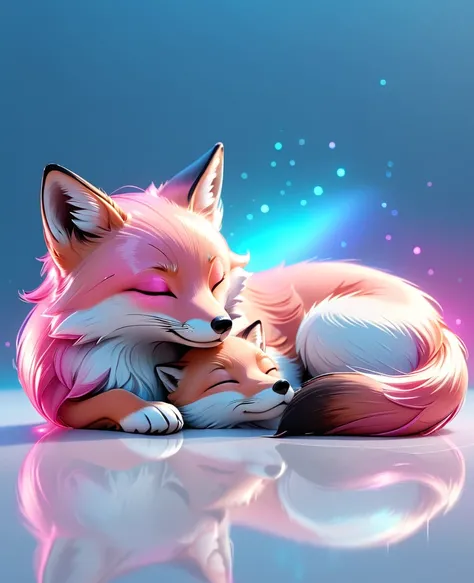 cute sleeping fox, solid, profile, sleek glass thickness, transparent, pink and white and blue and silver holographic, smooth color background, Cinematic lighting,rendering, 8K