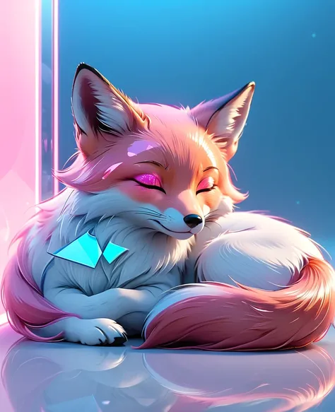 cute sleeping fox, solid, profile, sleek glass thickness, transparent, pink and white and blue and silver holographic, smooth color background, Cinematic lighting,rendering, 8K