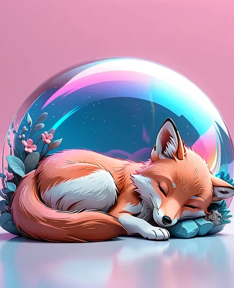 cute sleeping fox, solid, profile, sleek glass thickness, transparent, pink and white and blue and silver holographic, smooth color background, Cinematic lighting,rendering, 8K