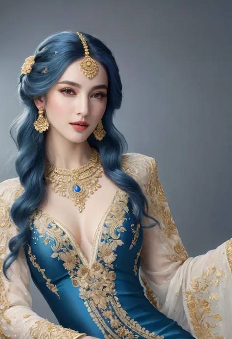 a woman with elegant dress, blue hair, white skin, posing, outfit is adorned with gold embroidery, best quality, high resolution, ultra-detailed, 