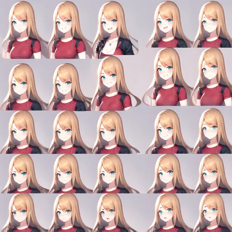 1 girl,three-quarters view from the right,gray background,facial expression expressions,the same person,9 facial expressions,gri...