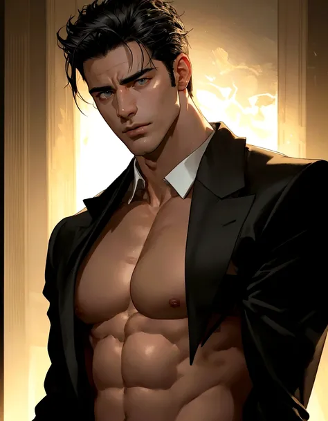 a handsome man with a big chest in a black jacket, big pecs, extremely detailed facial features, sharp focus, highly detailed skin, shirtless, realistic hyper-detailed portrait, photorealistic, cinematic lighting, high contrast, vivid colors, 8k, masterpie...