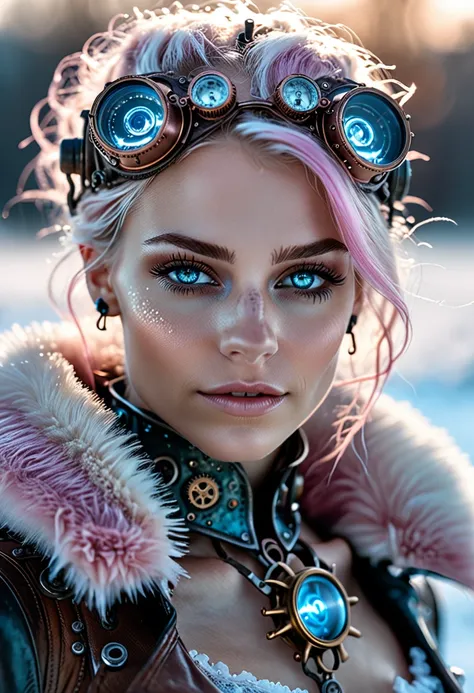 photo shot on Nikon D850, 16k, masterpiece, Detailed, breathtaking, atmospheric perspective, diffusion, natural skin texture, DSLR, 80mm Sigma f2, depth of field, film grain, intricate natural lighting,  full length photo of beautiful steampunk with icy bl...