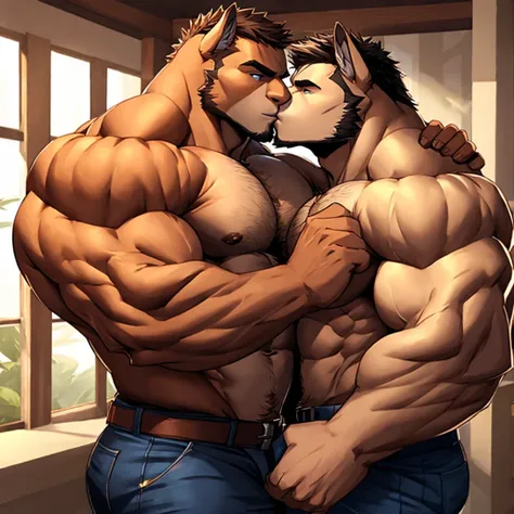 Many men kissing who are very strong and muscular 