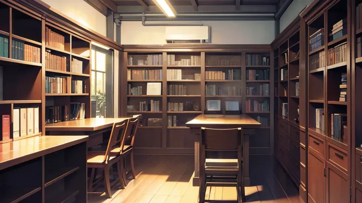 A narrow and dark study、The back wall is completely covered with bookshelves、There is one desk with a PC in the center.、No people