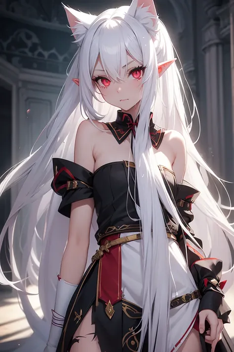 Make a girl, long white hair, fair skin with scars, red eyes with feline pupils, pointy ears like an elf, small and torn clothes, ribbon gloves on your hands, stuck in your teeth, and a white wolf tail. No wolf ears.