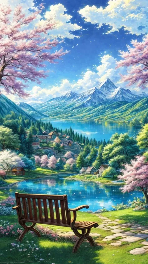 painting of 1bench in a garden with a lake in the background, beautiful anime peace scene, an innkeeper , hermoso anime landscape, anime nature, detailed landscape, fondo de pantalla de anime landscape, fondo de pantalla de anime nature, arte de anime back...