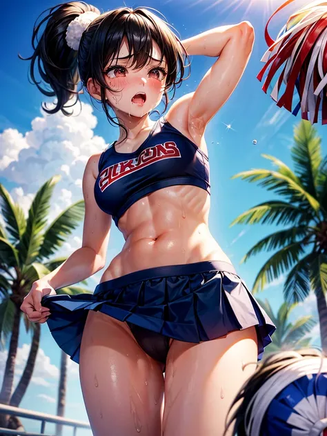 Highest quality,Highest Resolution,A beautiful girl with a crying face, a cheerleader with pom-poms,Sweat flying,Big eyes,Belly button,Underwear that becomes transparent due to sweat,Black hair ponytail,Abdominal muscles,Diagonally below,Arena,support,Outd...