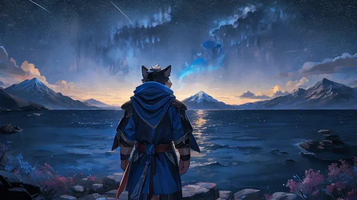 far back view, night, boy, blue flame, sea, mountain, star, ultra detailed, official art, masterpiece