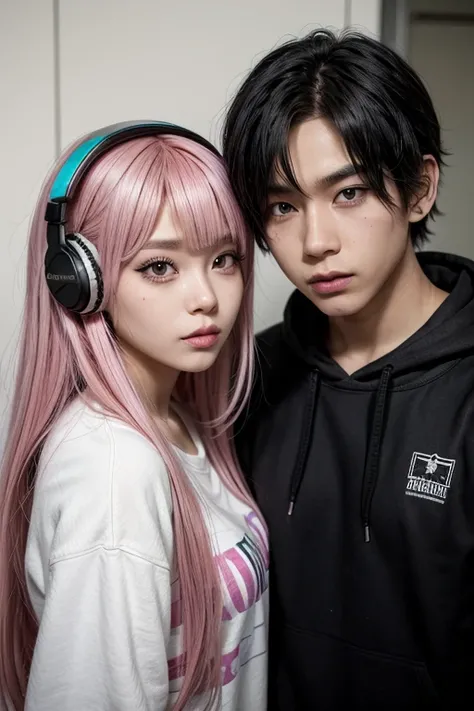 two people, one has pink hair, She has dark skin and wears gyaru-style makeup.. while the other person is a boy with black hair and a mask with headphones.