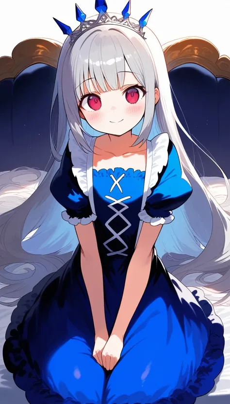 1girl, solo, long hair, looking at viewer, blush, smile, bangs, red eyes, dress, closed mouth, collarbone, short sleeves, grey hair, frills, puffy sleeves, pink eyes, puffy short sleeves, blue dress, frilled dress, tiara, aged down, crown, , v arms