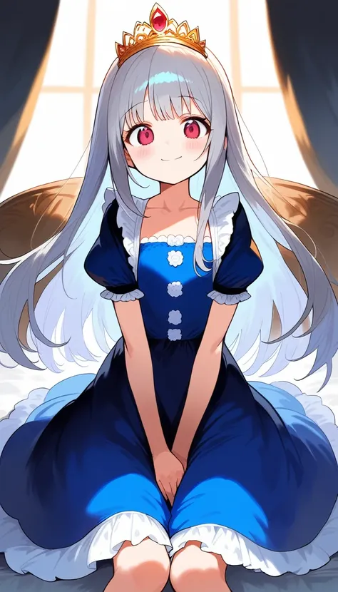 1girl, solo, long hair, looking at viewer, blush, smile, bangs, red eyes, dress, closed mouth, collarbone, short sleeves, grey hair, frills, puffy sleeves, pink eyes, puffy short sleeves, blue dress, frilled dress, tiara, aged down, crown, , v arms