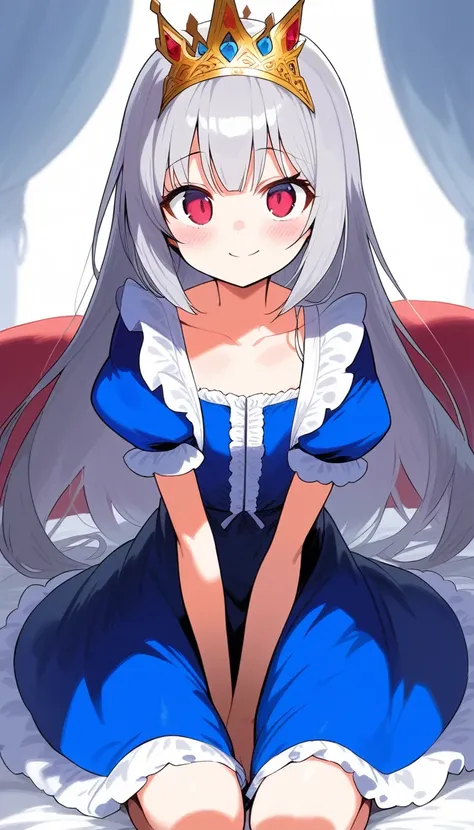 1girl, solo, long hair, looking at viewer, blush, smile, bangs, red eyes, dress, closed mouth, collarbone, short sleeves, grey hair, frills, puffy sleeves, pink eyes, puffy short sleeves, blue dress, frilled dress, tiara, aged down, crown, , v arms