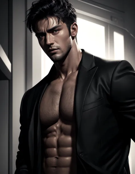 a handsome man with a big chest in a black jacket, big pecs, extremely detailed facial features, sharp focus, highly detailed skin, shirtless, realistic hyper-detailed portrait, photorealistic, cinematic lighting, high contrast, vivid colors, 8k, masterpie...