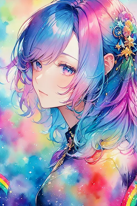 (masterpiece, Highest quality, Highest quality,watercolor (Moderate),Official Art, beautifully、beautiful:1.2),(1 Girl:1.3), (Fractal Art:1.3),Upper Body, From the side, Looking at the audience,pattern,(Rainbow Hair,colorful hair,Half blue、Half pink hair:1....