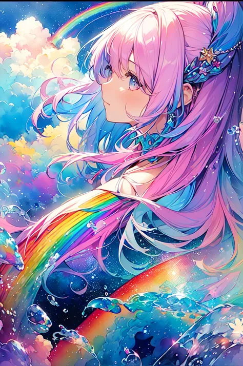 (masterpiece, Highest quality, Highest quality,watercolor (Moderate),Official Art, beautifully、beautiful:1.2),(1 Girl:1.3), (Fractal Art:1.3),Upper Body, From the side, Looking at the audience,pattern,(Rainbow Hair,colorful hair,Half blue、Half pink hair:1....