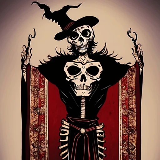 art nouveau painting of a skeleton dressed in a red outfit holding a red apple, undead lich, creepy explorer sketch, skelleton, bloody + concept art, saint skeleton queen, crimson themed, undead mage, an old lady with red skin, skeleton cowboy, crimson att...