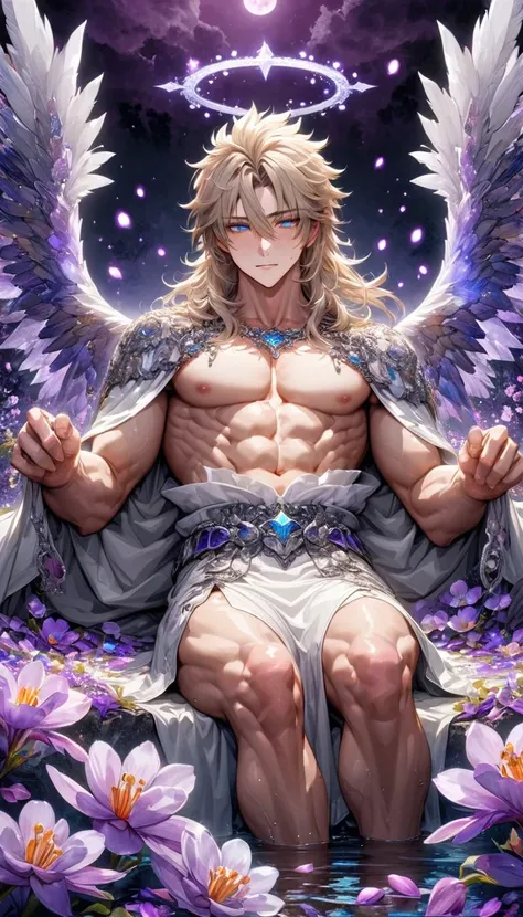 absurdres, highres, ultra detailed, HDR, master piece, best quality, Raviel, ash blonde hair, medium-length hair, spiked hair, hair between the eyes, with bangs, expressive blue eyes, Dream and Legacy, sexy man, solo, handsome, angel, halo, white cape, bar...